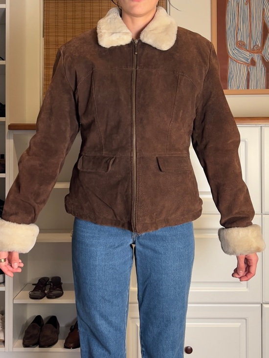 Women’s Brown Suede Shearling Collar Jacket - Picture 3 of 6